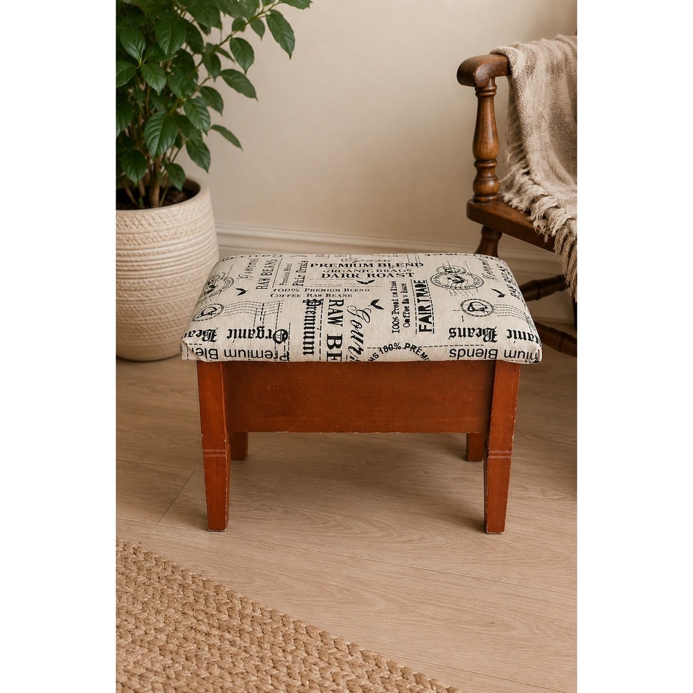 Vintage Wooden Storage Footstool French Cafe Script Hinged Ottoman Farmhouse